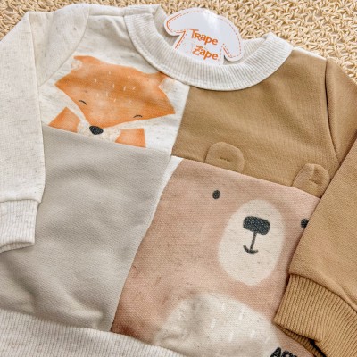 Conj. Blusão Raposa com Urso e Calça de Moletom - Areia e Marrom